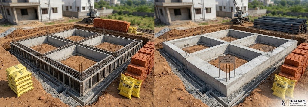 House foundation construction with concrete footing, reinforcement steel and brickwork